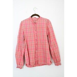 LOFT Button Down Shirt S Pink Plaid ruffle collar